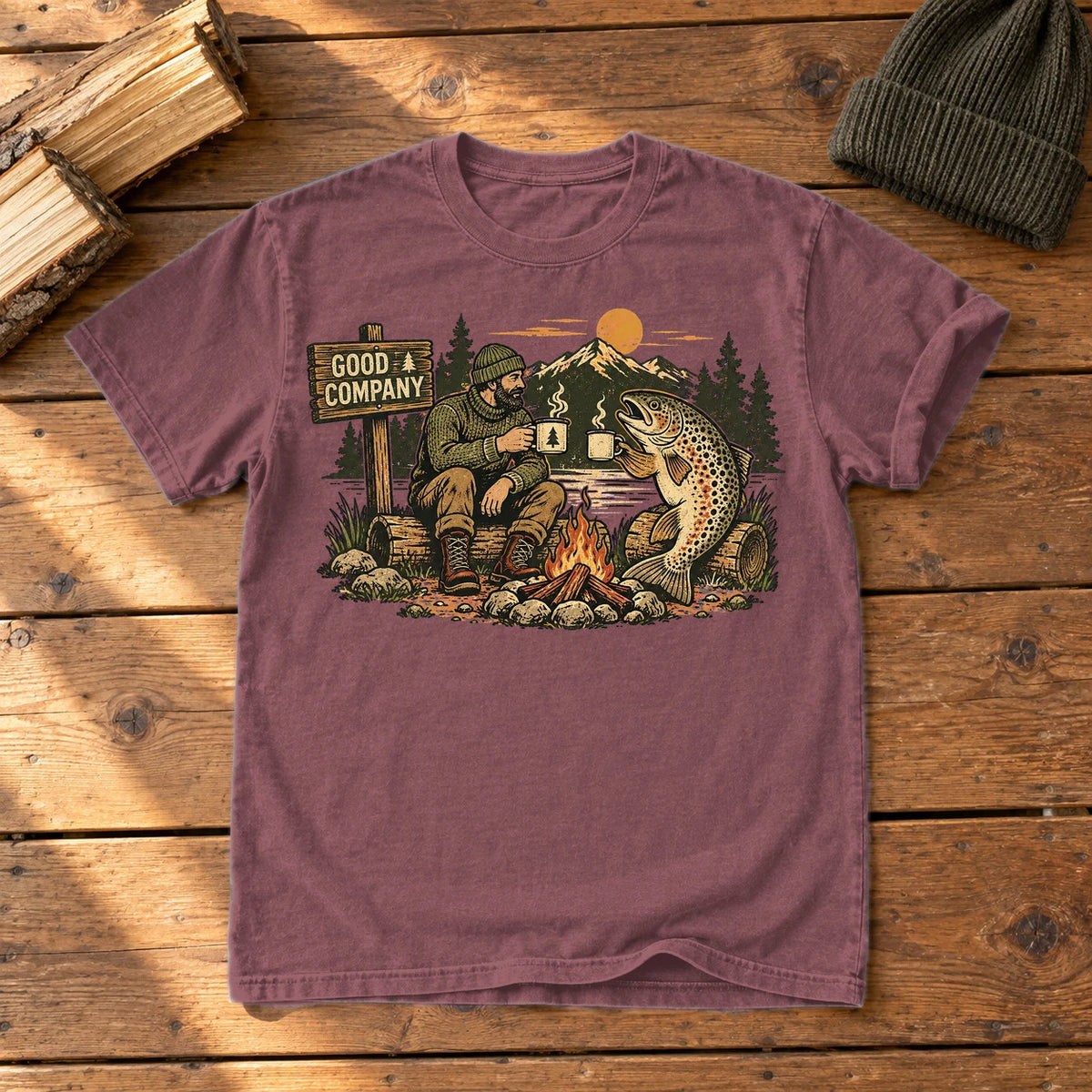 Good Company Trout Campfire Graphic Tee on Brick Premium Tee