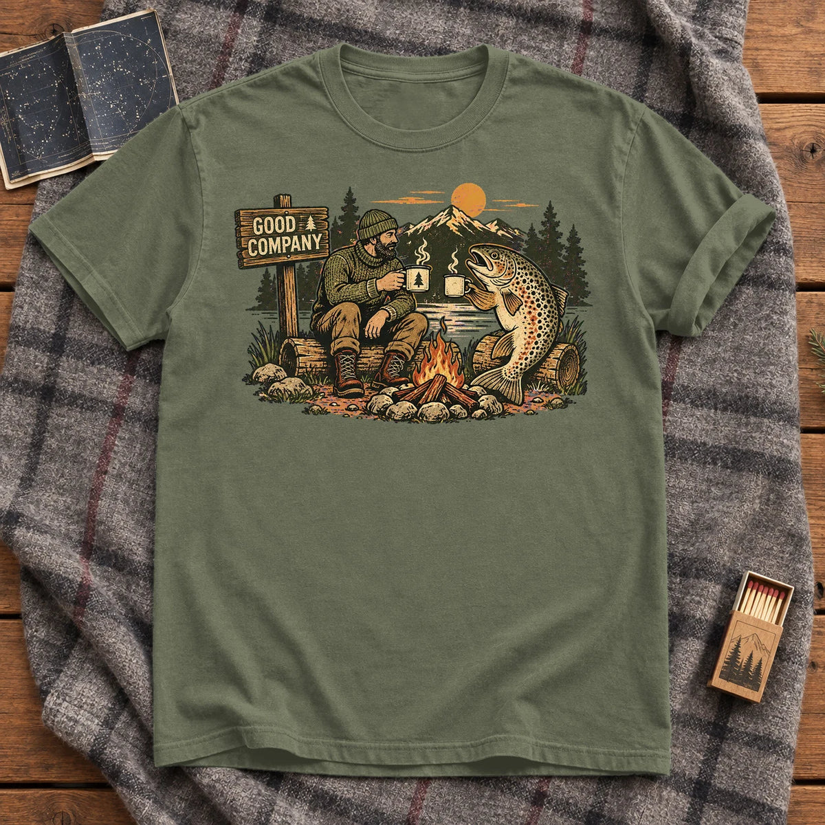 Good Company Trout Campfire Graphic Tee on Moss Premium Tee