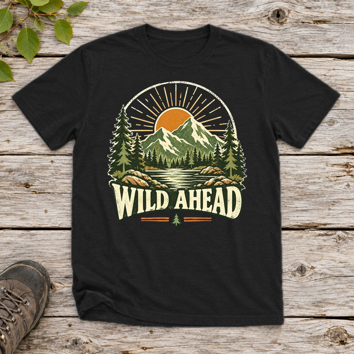 Wild Ahead Vintage Mountain Graphic Tee on Black Everyday Soft Tee