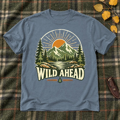 Wild Ahead Vintage Mountain Graphic Tee on Heather Indigo Everyday Soft Tee