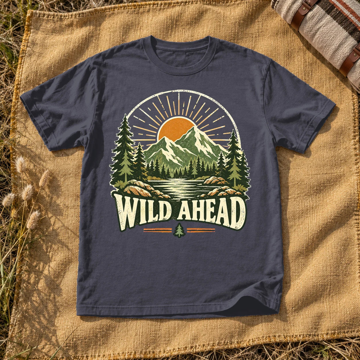 Wild Ahead Vintage Mountain Graphic Tee on Navy Premium Tee