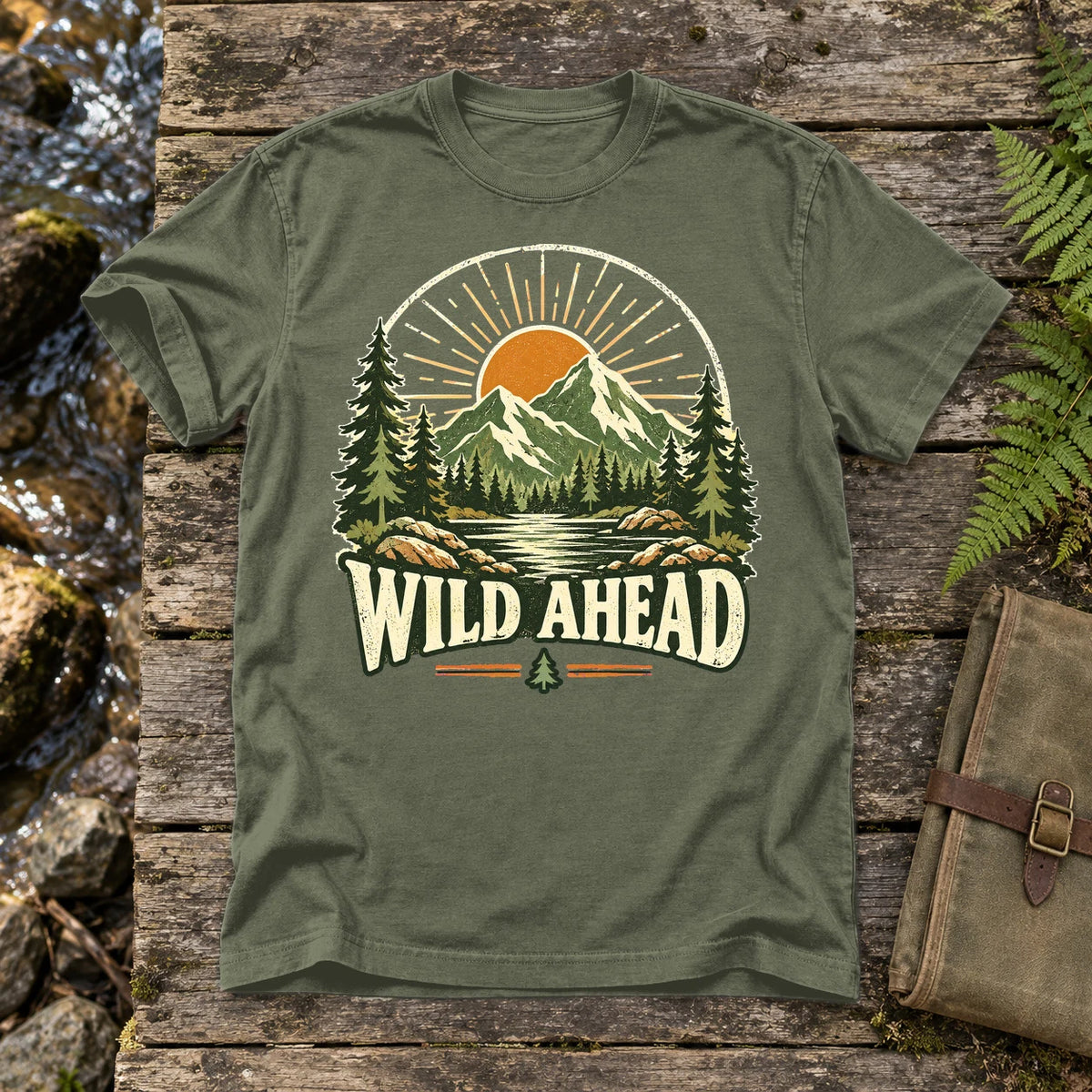 Wild Ahead Vintage Mountain Graphic Tee on Moss Premium Tee