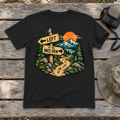 Left at the Nice View Trail Graphic Tee on Black Everyday Soft Tee