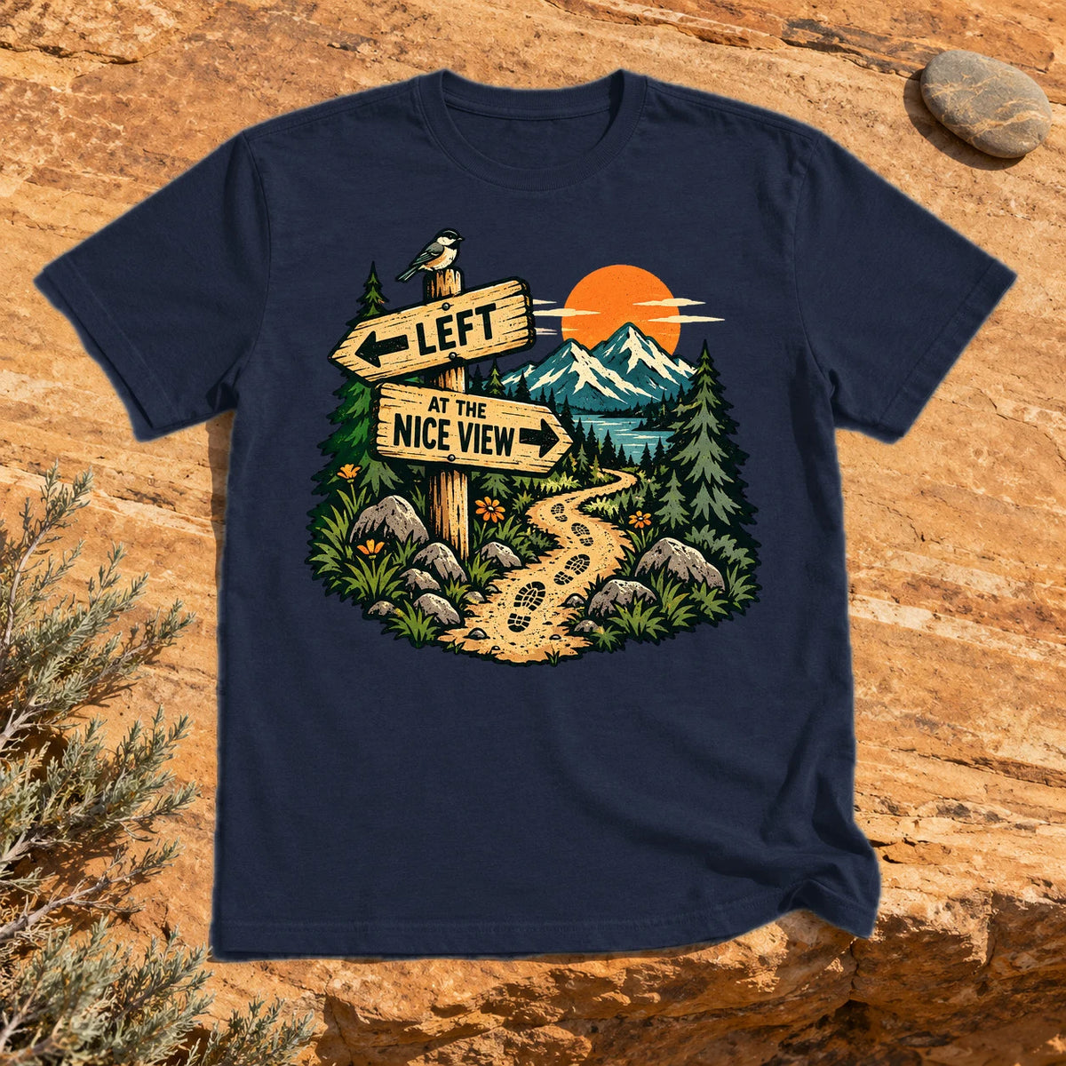 Left at the Nice View Trail Graphic Tee on Navy Everyday Soft Tee