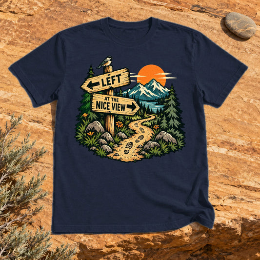 Left at the Nice View Trail Graphic Tee on Navy Everyday Soft Tee