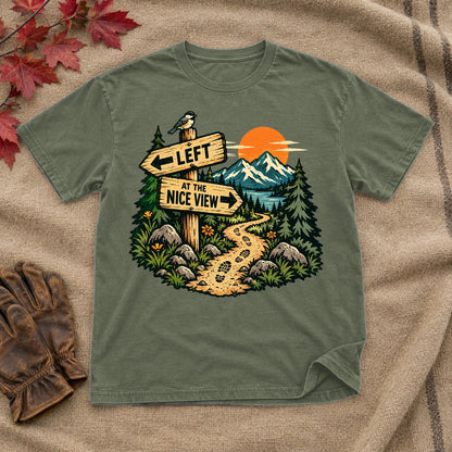 Left at the Nice View Trail Graphic Tee on Military Green Everyday Soft Tee