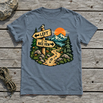 Left at the Nice View Trail Graphic Tee on Heather Indigo Everyday Soft Tee