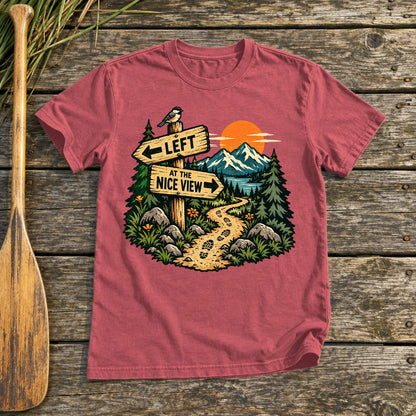 Left at the Nice View Trail Graphic Tee on Heather Red Everyday Soft Tee