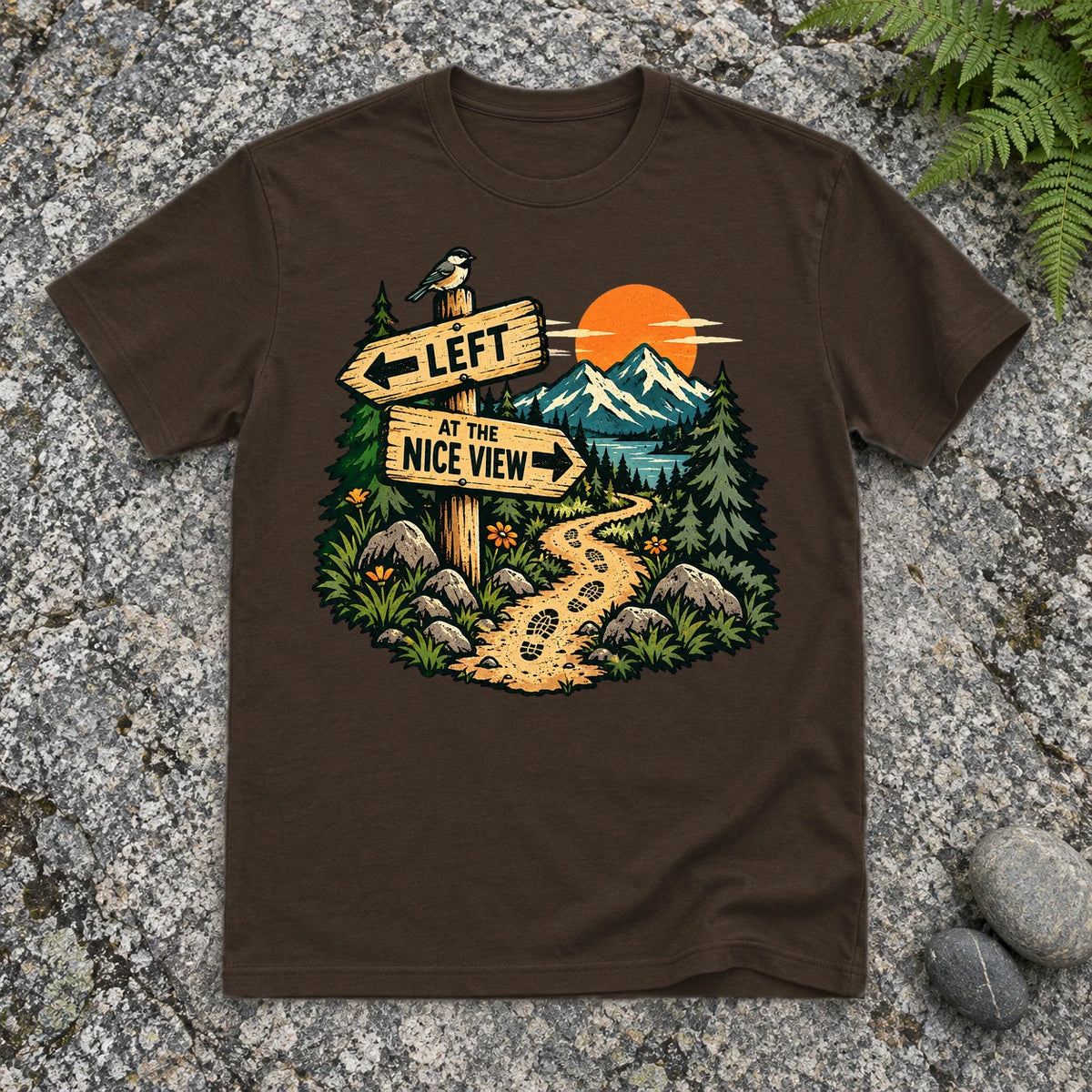 Left at the Nice View Trail Graphic Tee on Dark Chocolate Everyday Soft Tee