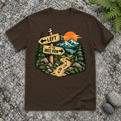 Left at the Nice View Trail Graphic Tee on Dark Chocolate Everyday Soft Tee