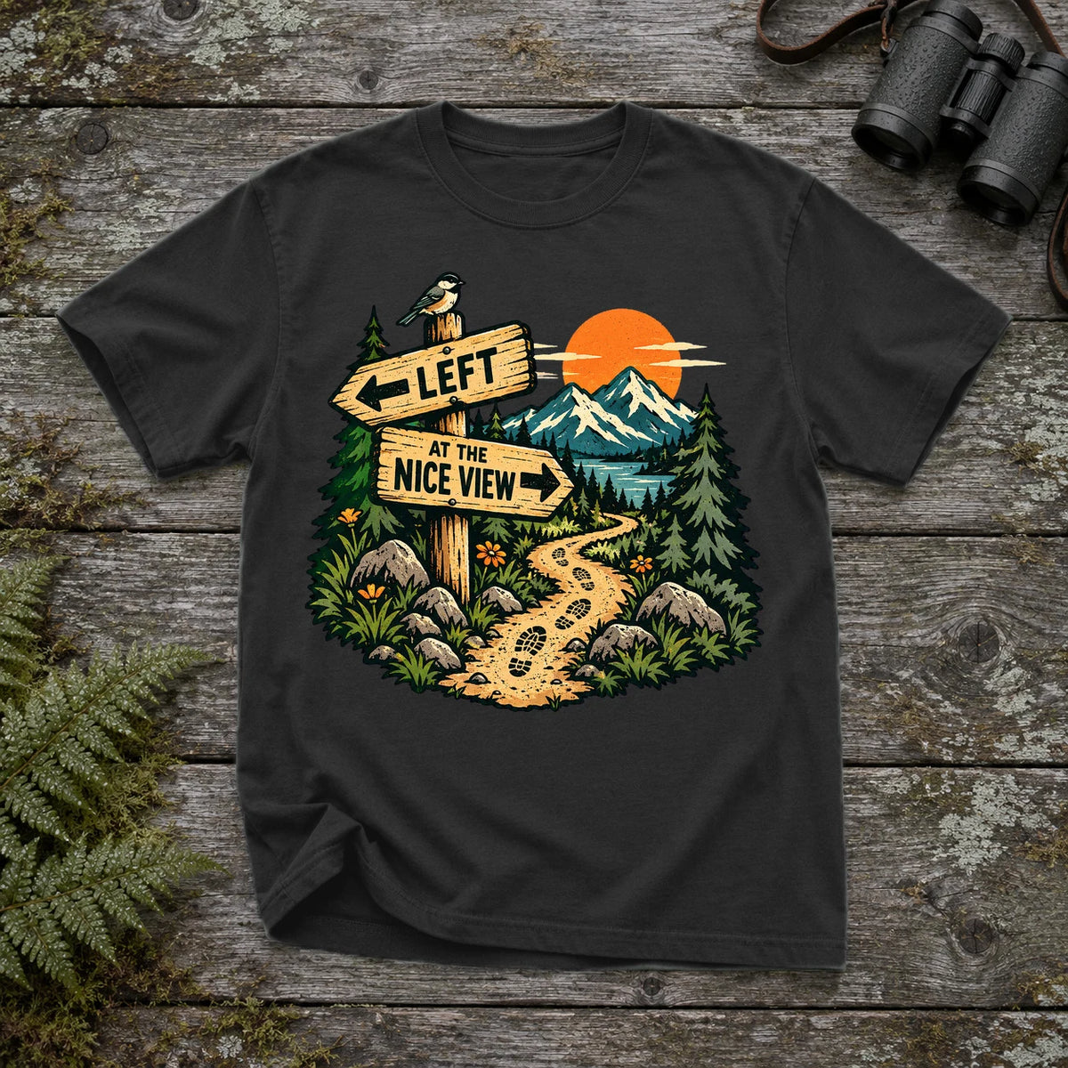Left at the Nice View Trail Graphic Tee on Black Premium Tee