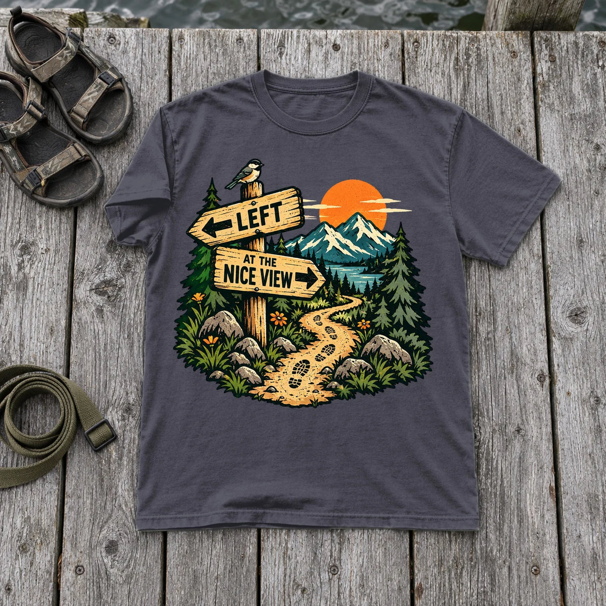 Left at the Nice View Trail Graphic Tee on Navy Premium Tee