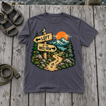 Left at the Nice View Trail Graphic Tee on Navy Premium Tee