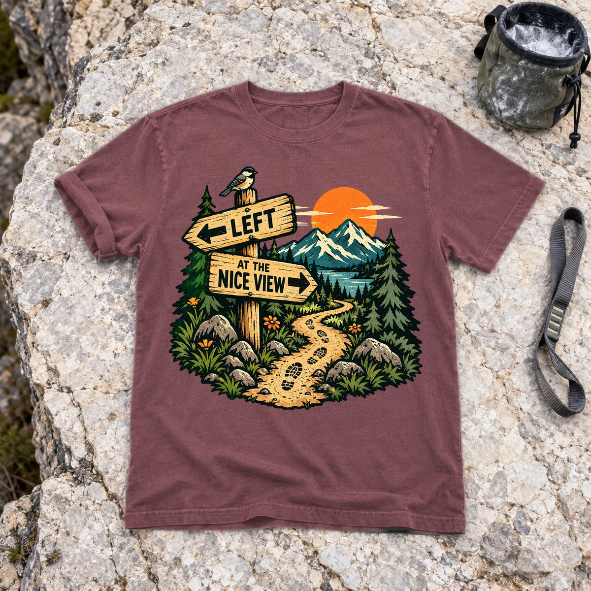 Left at the Nice View Trail Graphic Tee on Brick Premium Tee