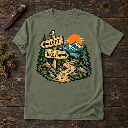 Left at the Nice View Trail Graphic Tee on Moss Premium Tee