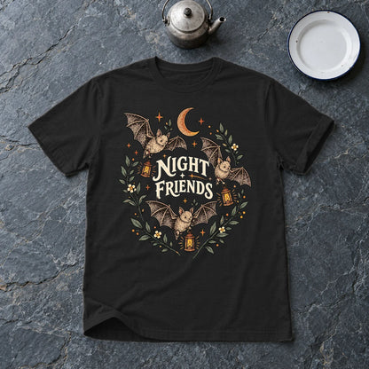 Night Friends Vintage Bats Graphic Tee on Black Everyday Soft Tee
