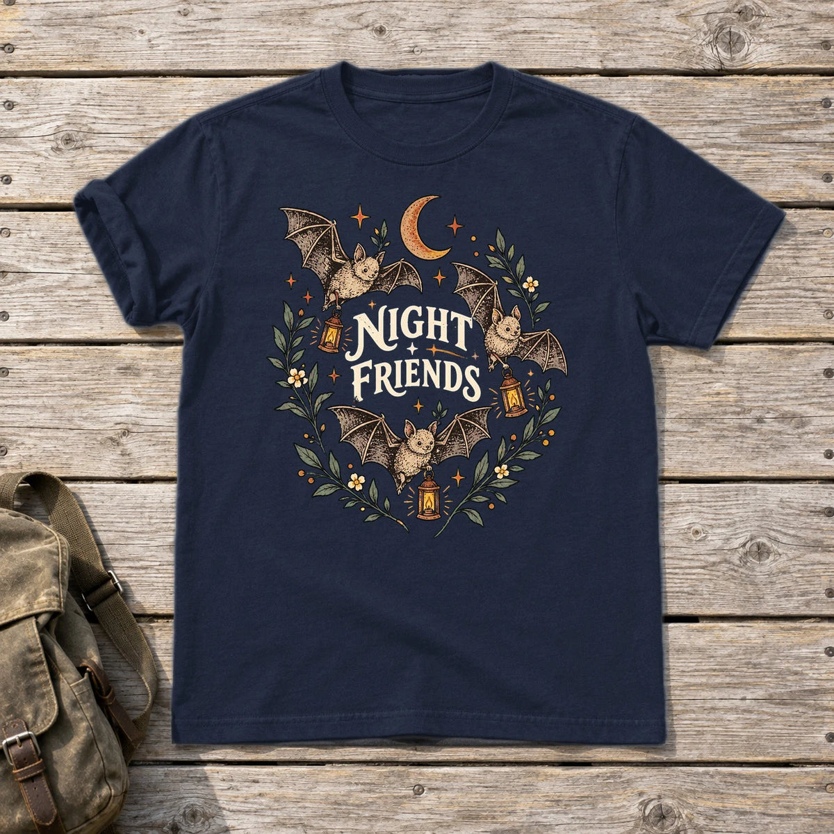 Night Friends Vintage Bats Graphic Tee on Navy Everyday Soft Tee