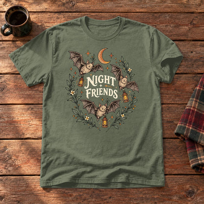 Night Friends Vintage Bats Graphic Tee on Military Green Everyday Soft Tee