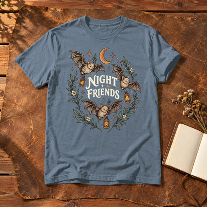 Night Friends Vintage Bats Graphic Tee on Heather Indigo Everyday Soft Tee