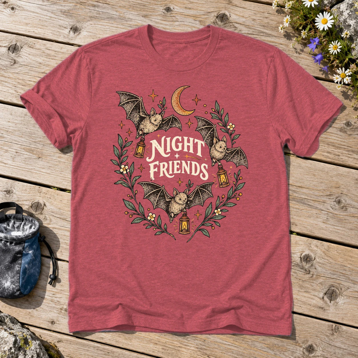 Night Friends Vintage Bats Graphic Tee on Heather Red Everyday Soft Tee