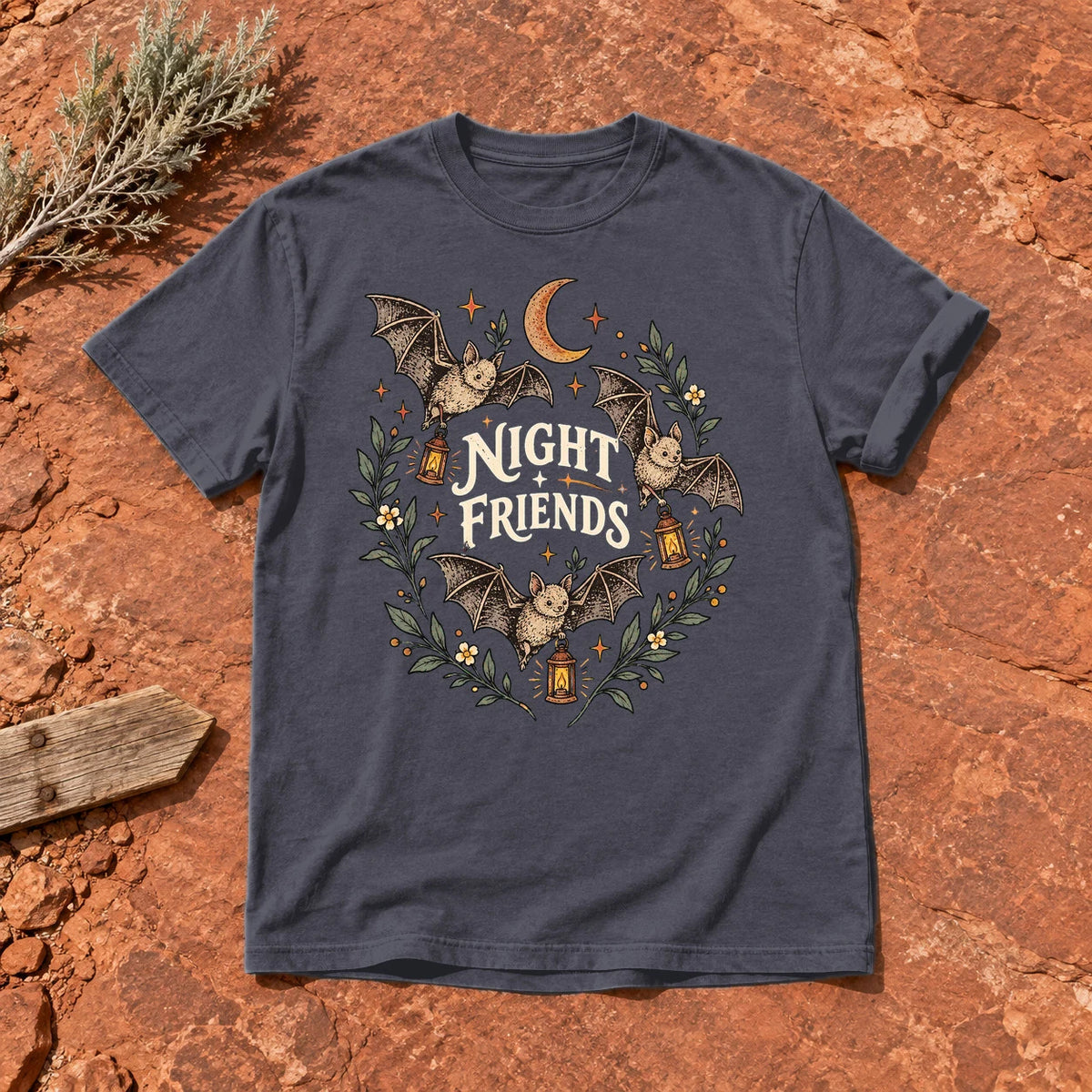 Night Friends Vintage Bats Graphic Tee on Navy Premium Tee
