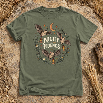 Night Friends Vintage Bats Graphic Tee on Moss Premium Tee