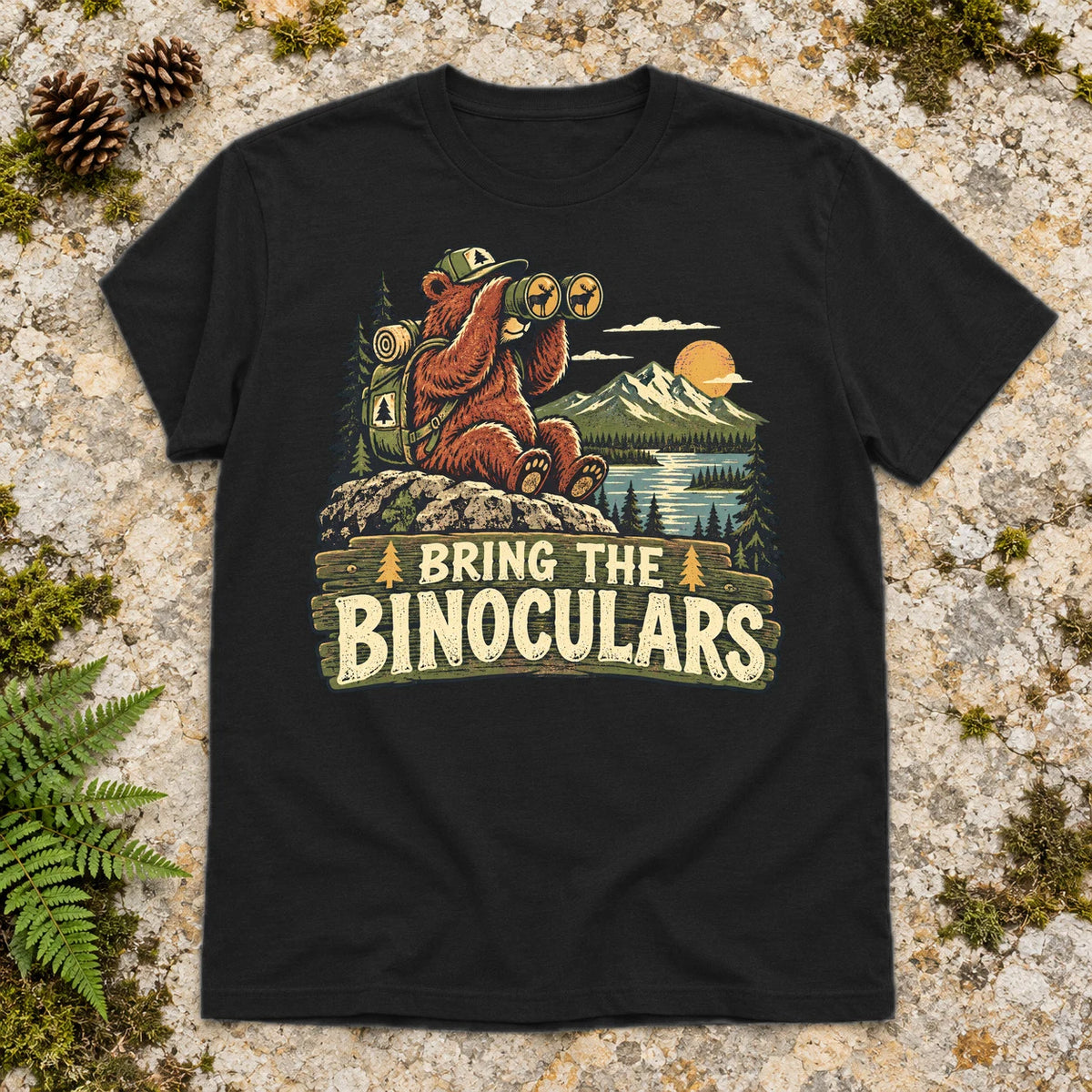 Bring The Binoculars Bear Graphic Tee on Black Everyday Soft Tee