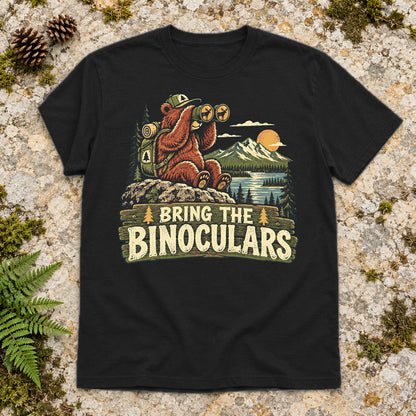 Bring The Binoculars Bear Graphic Tee on Black Everyday Soft Tee