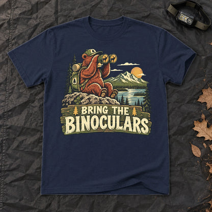 Bring The Binoculars Bear Graphic Tee on Navy Everyday Soft Tee
