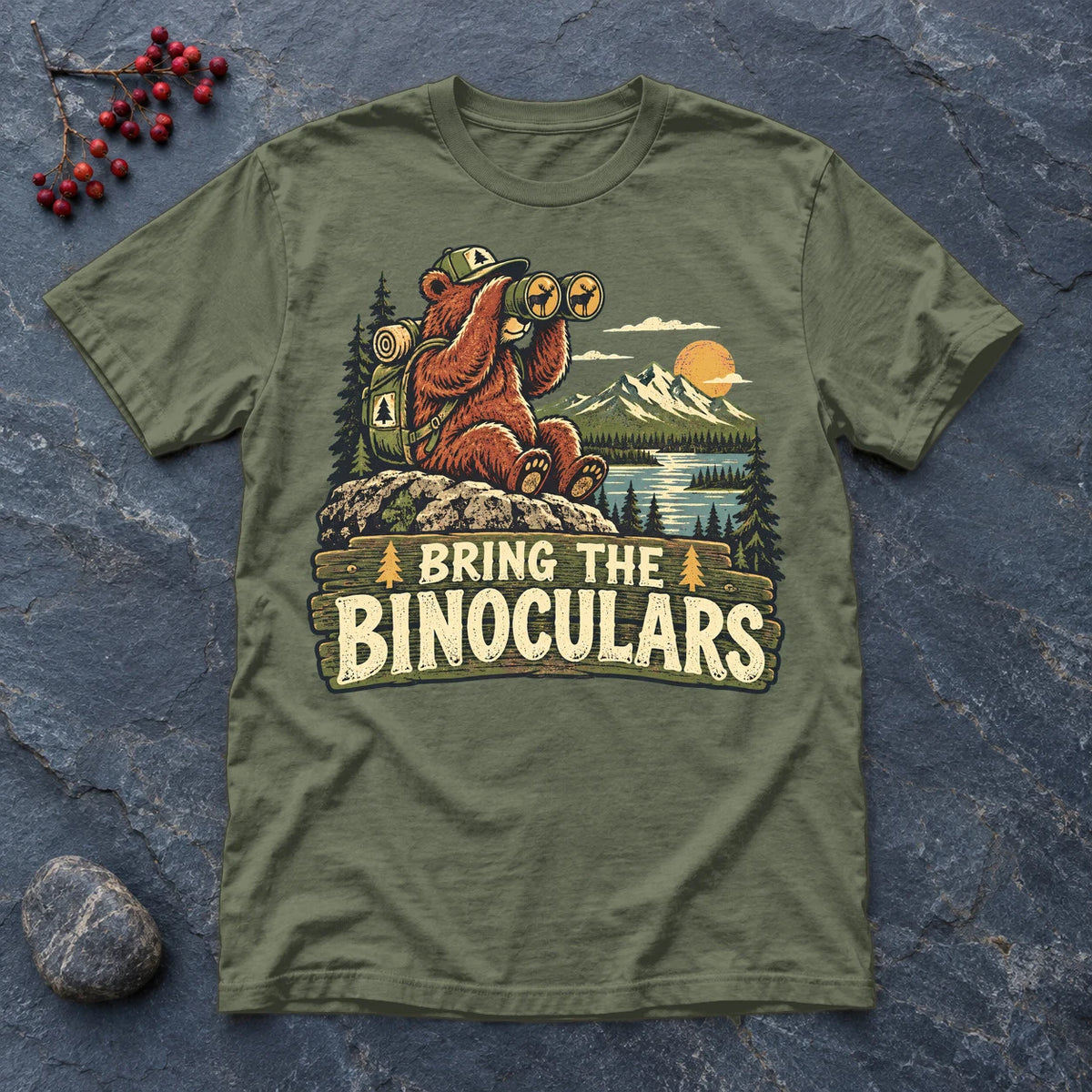 Bring The Binoculars Bear Graphic Tee on Military Green Everyday Soft Tee