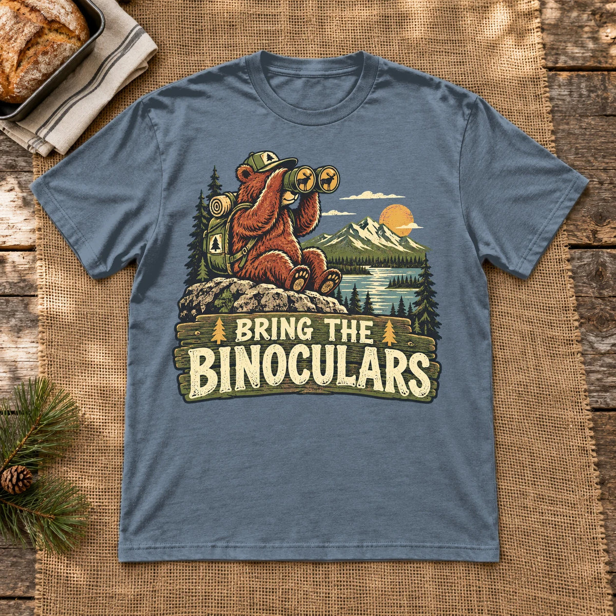 Bring The Binoculars Bear Graphic Tee on Heather Indigo Everyday Soft Tee