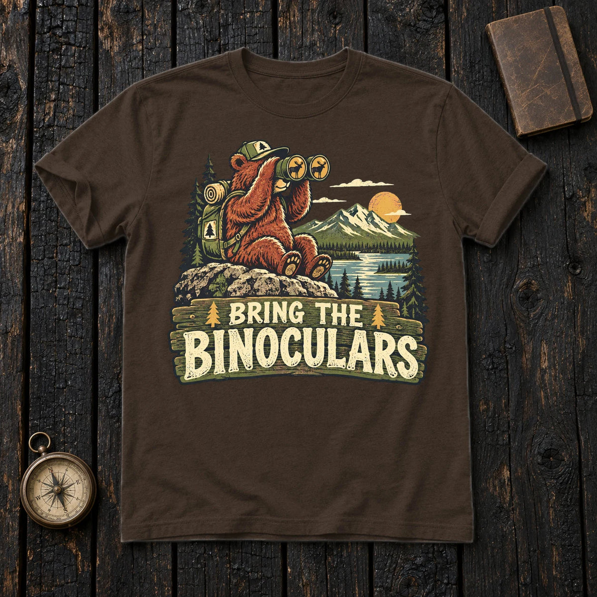 Bring The Binoculars Bear Graphic Tee on Dark Chocolate Everyday Soft Tee
