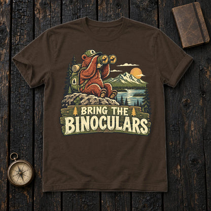 Bring The Binoculars Bear Graphic Tee on Dark Chocolate Everyday Soft Tee