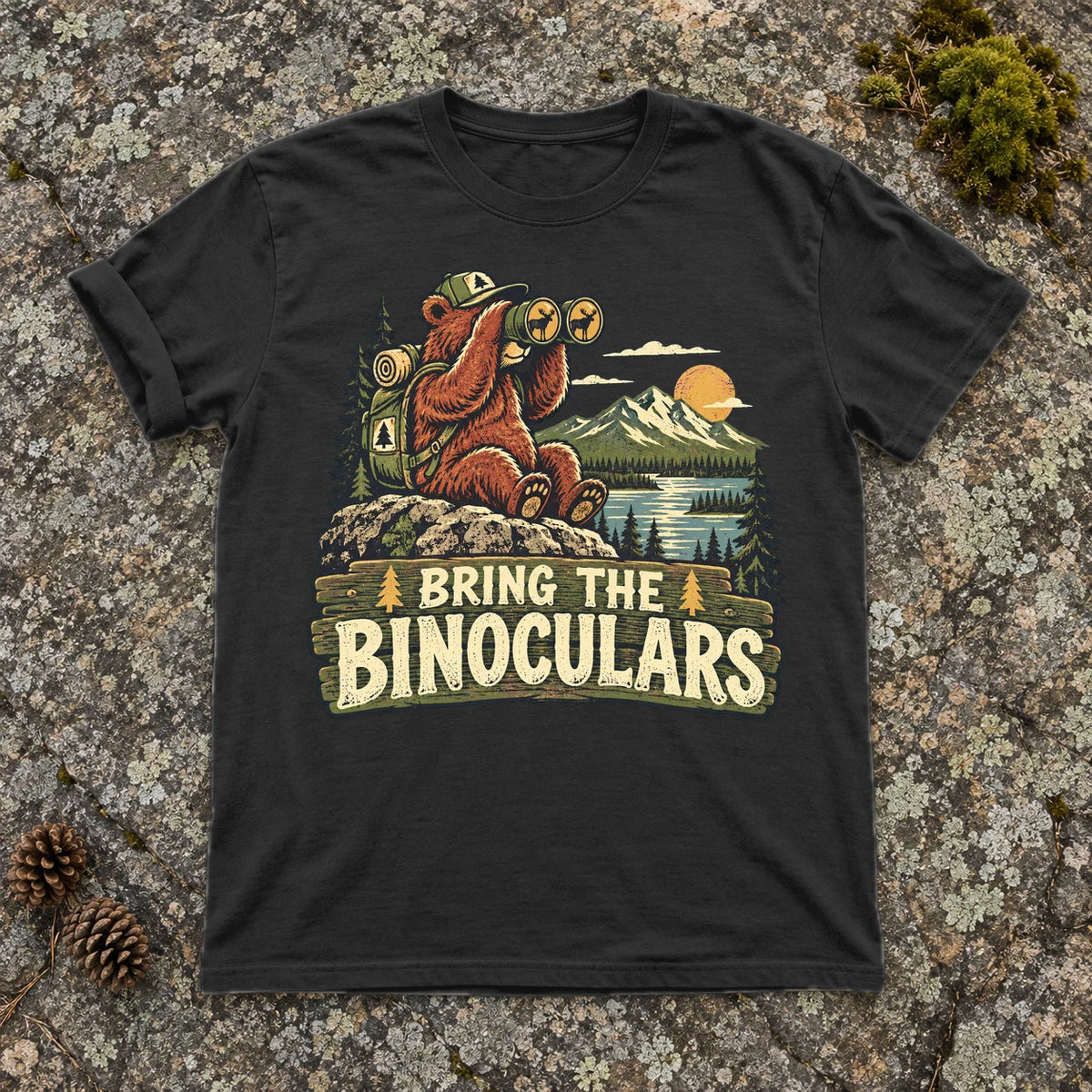 Bring The Binoculars Bear Graphic Tee on Black Premium Tee