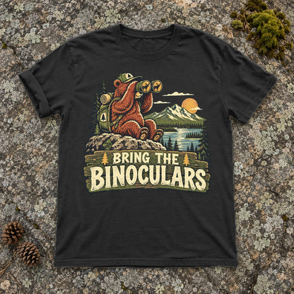 Bring The Binoculars Bear Graphic Tee on Black Premium Tee