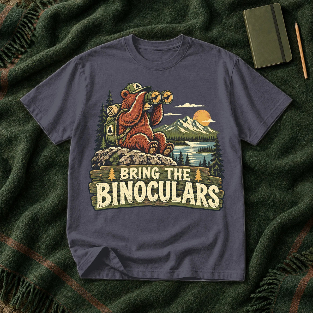 Bring The Binoculars Bear Graphic Tee on Navy Premium Tee