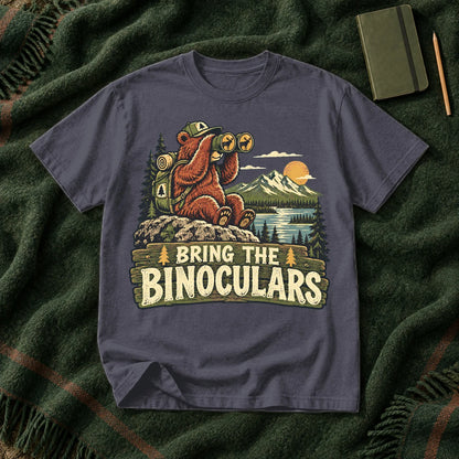 Bring The Binoculars Bear Graphic Tee on Navy Premium Tee