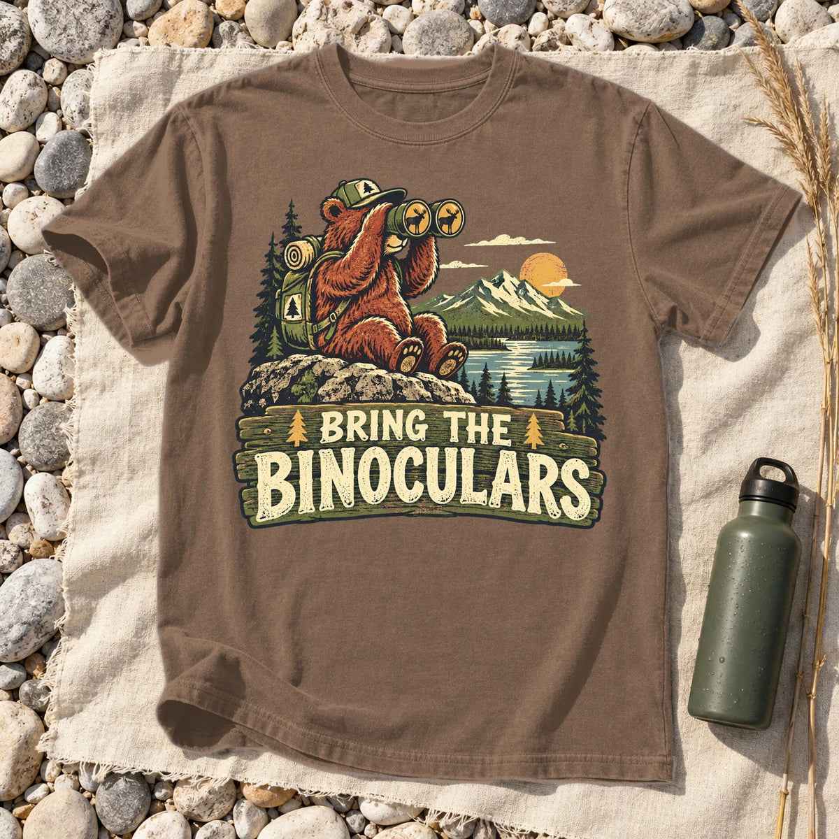 Bring The Binoculars Bear Graphic Tee on Espresso Premium Tee