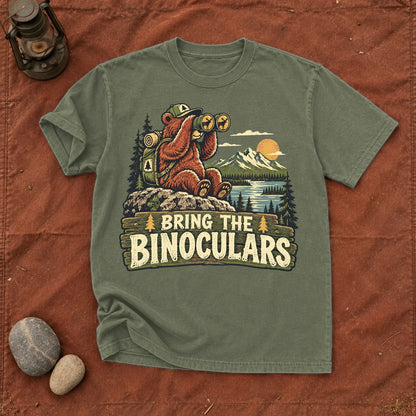 Bring The Binoculars Bear Graphic Tee on Moss Premium Tee