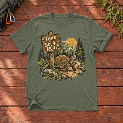 Take The Scenic Route Graphic Tee on Military Green Everyday Soft Tee