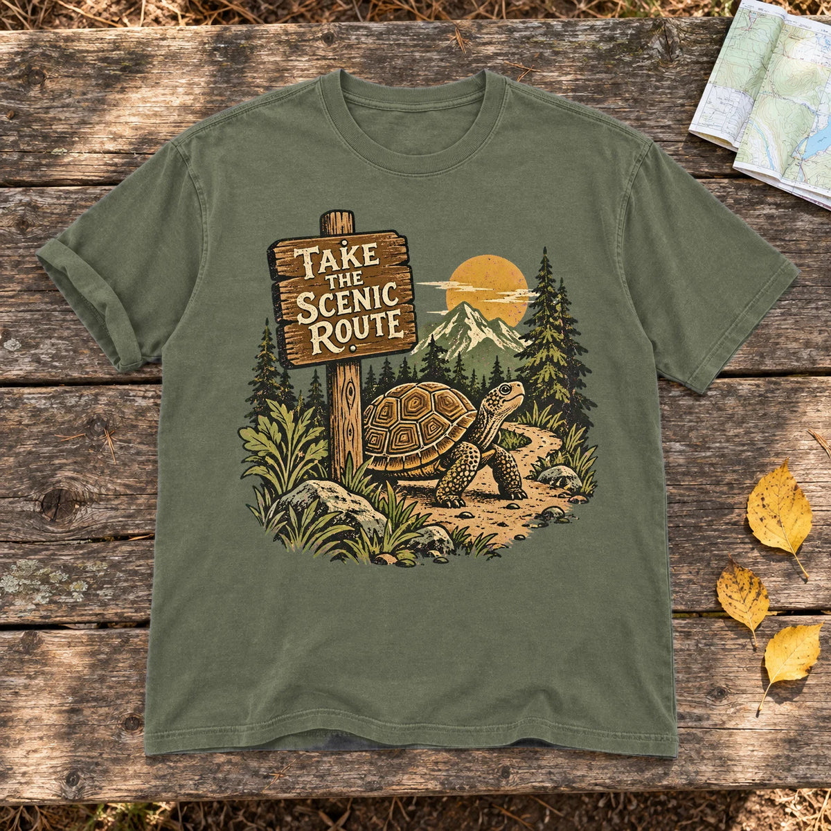 Take The Scenic Route Graphic Tee on Moss Premium Tee
