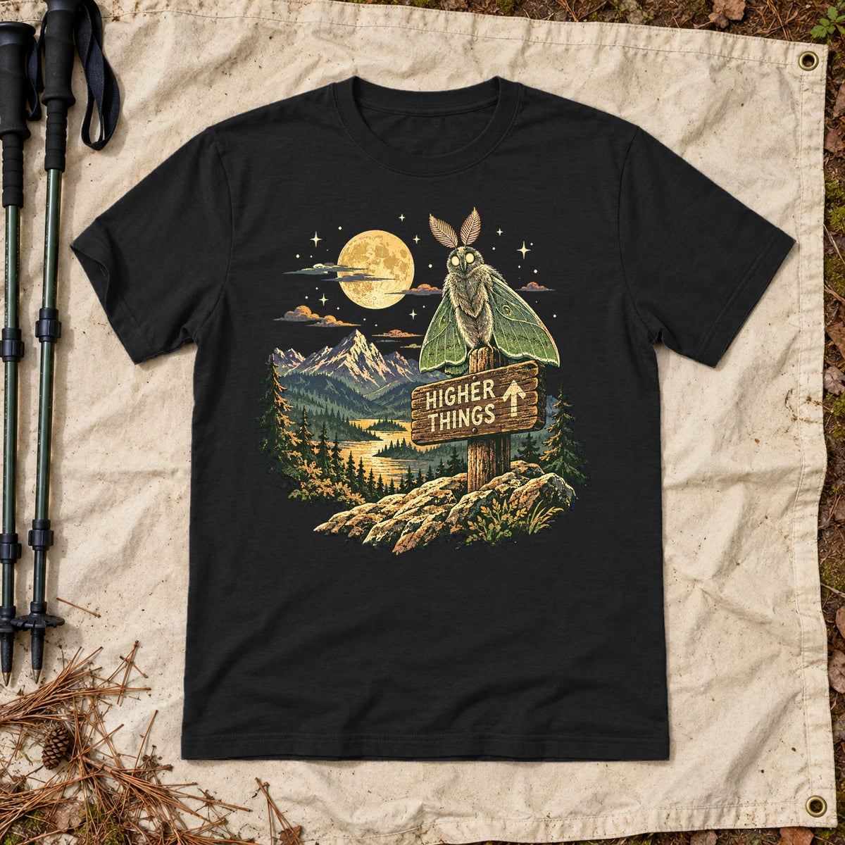 Higher Things Mountain Moth Graphic Tee on Black Everyday Soft Tee