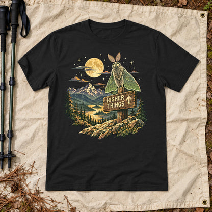Higher Things Mountain Moth Graphic Tee on Black Everyday Soft Tee