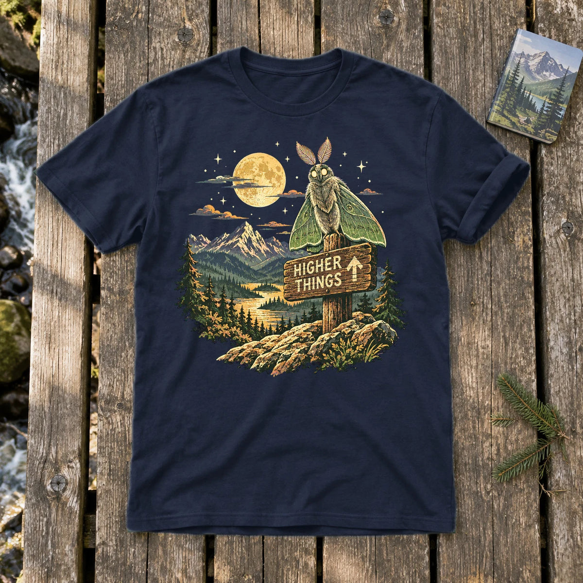 Higher Things Mountain Moth Graphic Tee on Navy Everyday Soft Tee
