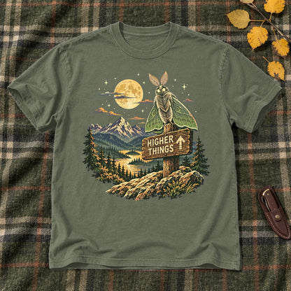 Higher Things Mountain Moth Graphic Tee on Military Green Everyday Soft Tee