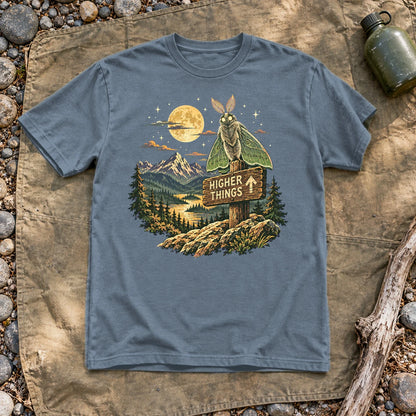 Higher Things Mountain Moth Graphic Tee on Heather Indigo Everyday Soft Tee