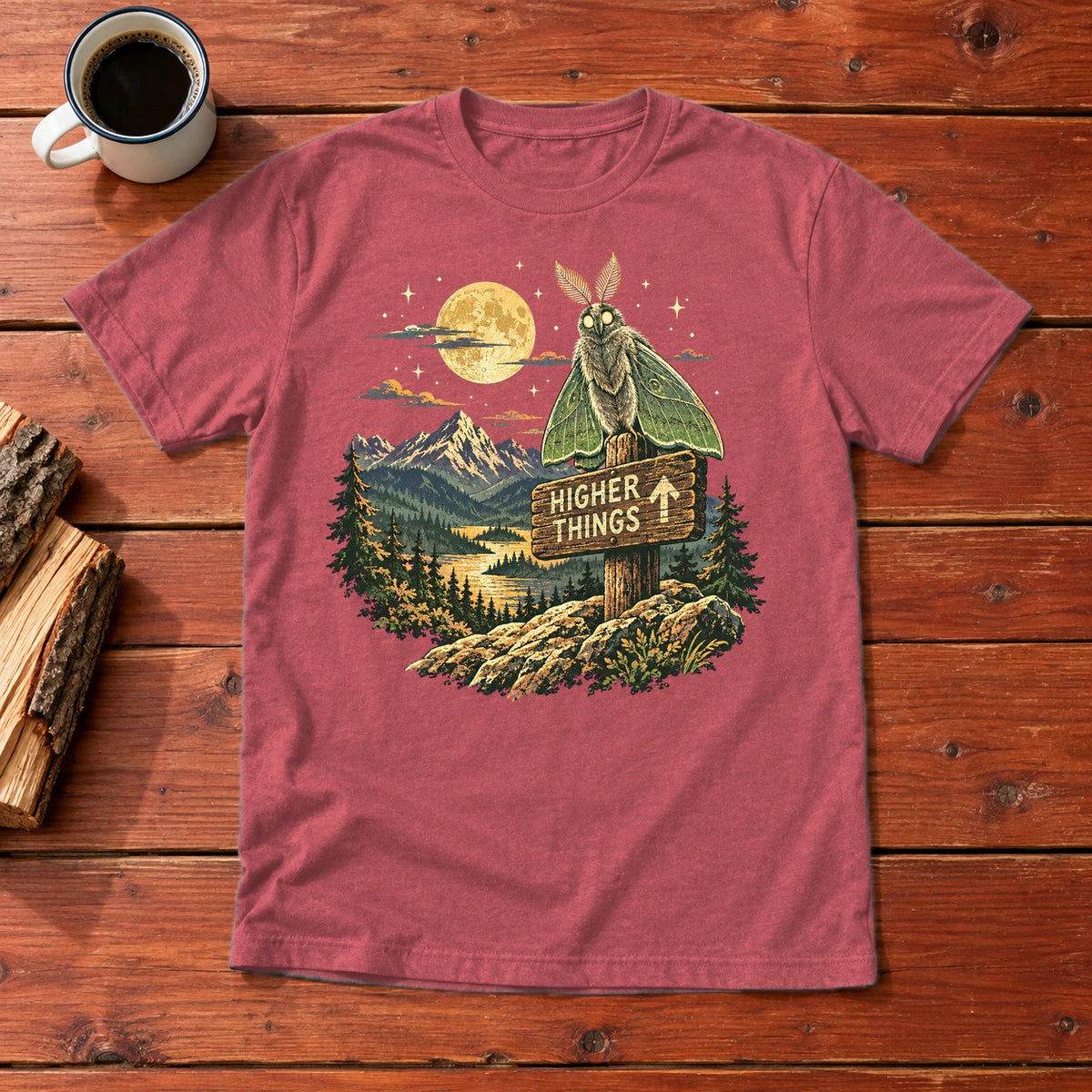Higher Things Mountain Moth Graphic Tee on Heather Red Everyday Soft Tee