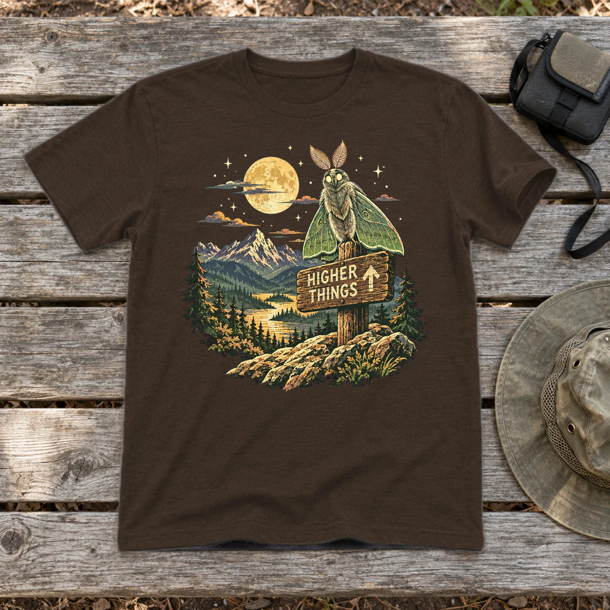 Higher Things Mountain Moth Graphic Tee on Dark Chocolate Everyday Soft Tee