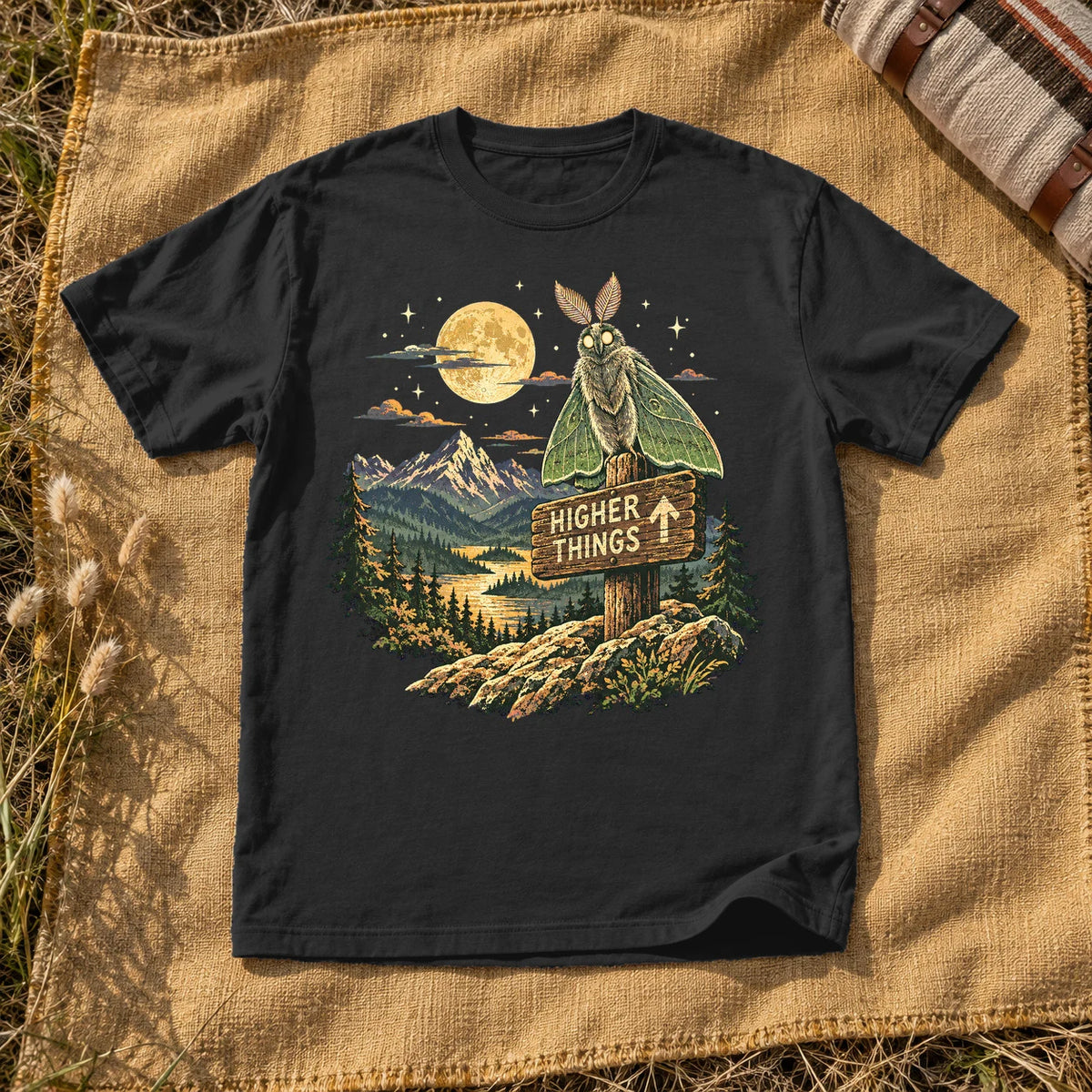 Higher Things Mountain Moth Graphic Tee on Black Premium Tee