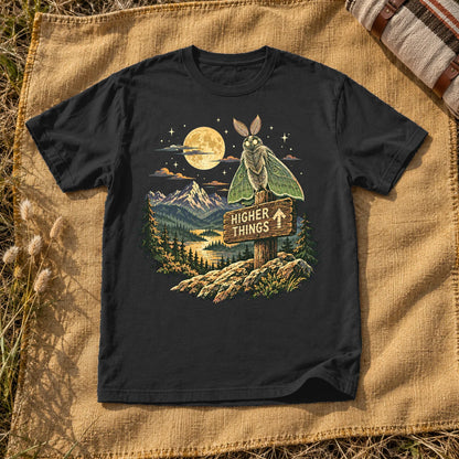 Higher Things Mountain Moth Graphic Tee on Black Premium Tee